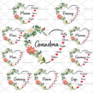 Bündel benutzerdefinierte Oma Herz mit Kindernamen Png, Mama Liebe Png, alles Gute zum Muttertag, maßgeschneiderte Herz Png, Blumenmutter Png, Geschenk für Oma