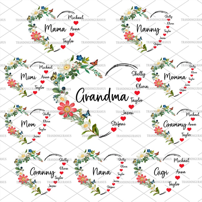 K&ouml;nnte beinhalten: Ein digitales Design mit zehn herzf&ouml;rmigen Blumenkr&auml;nzen, in denen Namen und Familienbezeichnungen stehen. Die Kr&auml;nze bestehen aus wei&szlig;en, rosa und gr&uuml;nen Blumen mit Schmetterlingen. Die Namen sind: Mama, Nanny, Mumi, Grandma, Mom, Momma, Grammy, Granny, Nana und Gigi.