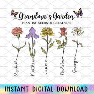 Jardim da vovó personalizado plantando sementes de grandeza png, borboleta da vovó, flor do mês de nascimento diy png, dia das mães png, presente para a mamãe