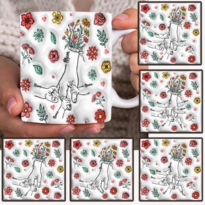 Bündel individuell gestalteter Becher mit aufgeblasenem 3D-Effekt, der Mamas Hand hält, Blumentasse zum Muttertag, Mama-Kaffeetasse mit Blumenmuster im PNG-Format, Omas Hand haltend