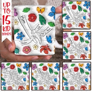 Lot personnalisé jusqu'à 15 enfants tenant la main de maman, tasse png effet gonflé 3D, tenant la main de grand-mère, tasse florale maman de 11 oz, floral fête des mères