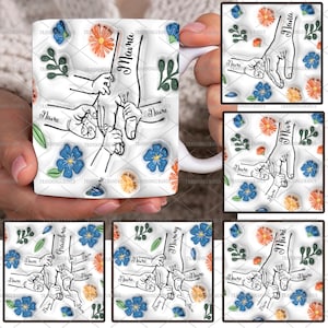Pacote personalizado para até 6 crianças segurando a mão da mãe caneca com efeito inflado 3D Png, segurando a mão da vovó, caneca Mama Floral de 11 onças, Dia das Mães Floral