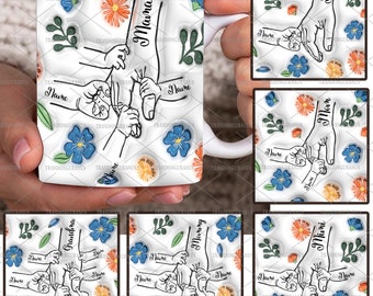 Bundel op maat tot 6 kinderen met moeders hand 3D opgeblazen effect mok Png, met oma's hand, Mama Floral 11oz mok, Moederdag bloemen