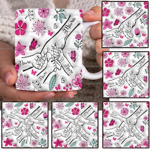 Maßgeschneidertes Paket für bis zu 6 Kinder, die Mamas Hand halten, 3D-Tasse mit aufgeblasenem Effekt, PNG, Omas Hand haltend, Mama-Blumentasse mit 325 ml Fassungsvermögen, Muttertags-Blumentasse