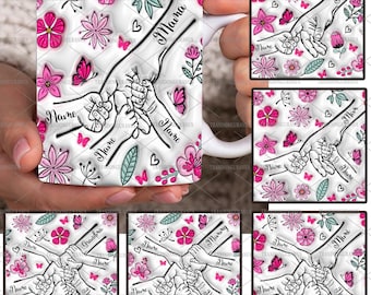 Bundel op maat tot 6 kinderen met moeders hand 3D opgeblazen effect mok Png, met oma's hand, Mama Floral 11oz mok, Moederdag bloemen