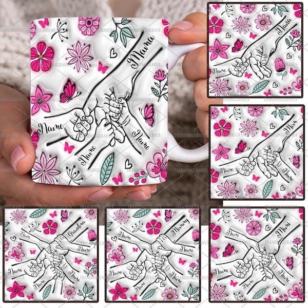 Paquete personalizado hasta 6 niños sosteniendo la mano de mamá Taza con efecto inflado 3D Png, sosteniendo la mano de la abuela, taza floral de mamá de 11 oz, floral del día de la madre