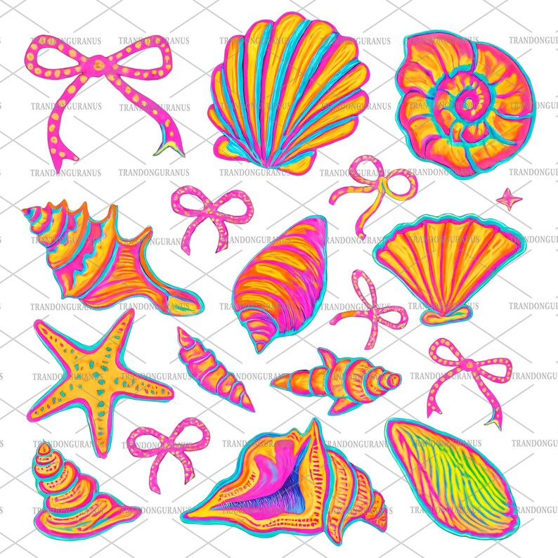 May include: A collection of colorful seashells with pink and yellow accents. The shells are arranged in a random pattern on a white background. There are also several pink bows scattered throughout the image.