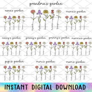 Paquete personalizado del jardín de la abuela Png, flores del mes de nacimiento de bricolaje, flor de mamá retro png, floral de acuarela, png del día de la madre, regalo de la abuela