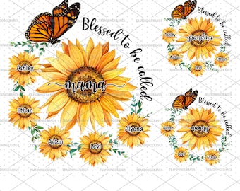 Personalized Blessed To Be Called Mama Png, Custom Sunflowers And Name Png, Mama Flower PNG, Mother's Day PNG, Watercolor Floral PNG Bundle