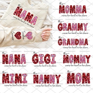 Bundle Custom Diese Mama Trägt ihr Herz auf ihrem Ärmel Png, Glitter Faux Pailletten Design, Mama Valentine Png, Geschenk für Mama, Valentinstag Png
