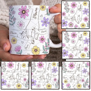 Bundle Custom Up to 6 Kids Holding Mom‘s Hand 11oz Mug Png, Mama Floral Coffee Mug, Mother&#39;s Day Floral 11oz Mug Wrap,Holding Grandma&#39;s Hand