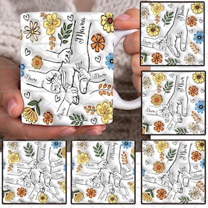 Bundle Custom Bis zu 6 Kinder, die Mamas Hand halten 3D Aufgeblasener Effektbecher Png, Omas Hand halten, Mama Floral 11 Unzen Becher, Muttertag Floral