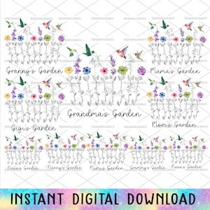 Bundel aangepaste oma's tuin png, aangepaste aquarel bloem en naam png, zoemende vogel ontwerp, gelukkige moederdag png, cadeau voor moeder
