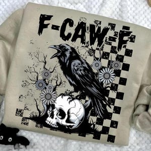 Retro F-Caw-F Png, Funny Halloween Crow Raven Png, Gothic Floral Skull Checkered Png, Dark Bird Design, Spooky Grunge Png, Digital File