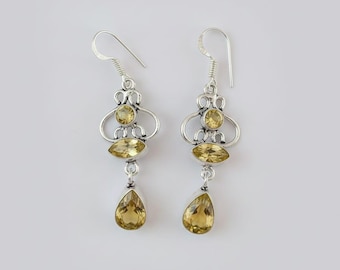 Handmade Citrine Sterling Silver Dangle Earrings, Vintage Boho Yellow Gemstone Jewelry