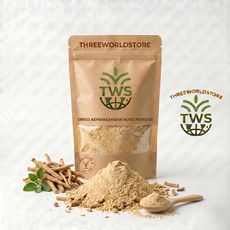 May include: A brown paper bag of dried ashwagandha root powder with the text "THREEWORLDSTORE" and "TWS" logo. A pile of powder, wooden spoon, and ashwagandha sticks are in front of the bag. The bag also has the text "100% Pure & Dried".