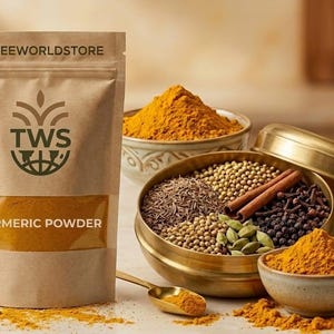 Może przedstawiać: Papierowa torba z kurkumą w proszku z napisem "TURMERIC POWDER" i logo "THREEWORLDSTORE". Miski z przyprawami, w tym kurkumą w proszku, goździkami i kardamonem, ułożone ze świeżym korzeniem kurkumy i drewnianym młynkiem do pieprzu.