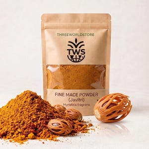 May include: A tan pouch labelled THREEWORLDSTORE containing fine mace powder, with the text FINE MACE POWDER (Javitri) Myristica fragrans. A pile of orange-brown mace powder sits in front, surrounded by several whole, dried, webbed mace arils.