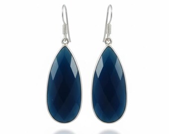 Blue Onyx Teardrop Earrings, Sterling Silver Dangle, Minimalist Boho Jewelry
