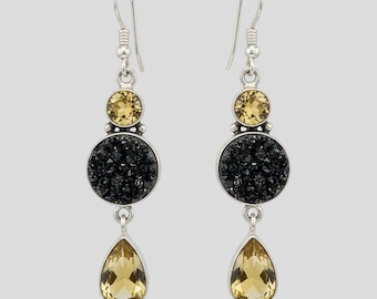 Handcrafted Yellow Citrine Black Druzy Drop Earrings, Sterling Silver Boho Statement Jewelry