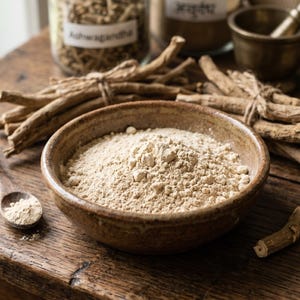 May include: A rustic wooden table displays a collection of natural health products. A bowl of light brown powder sits beside a wooden spoon, bundles of dried roots, and jars labeled "Ashwagandha" and other ingredients.