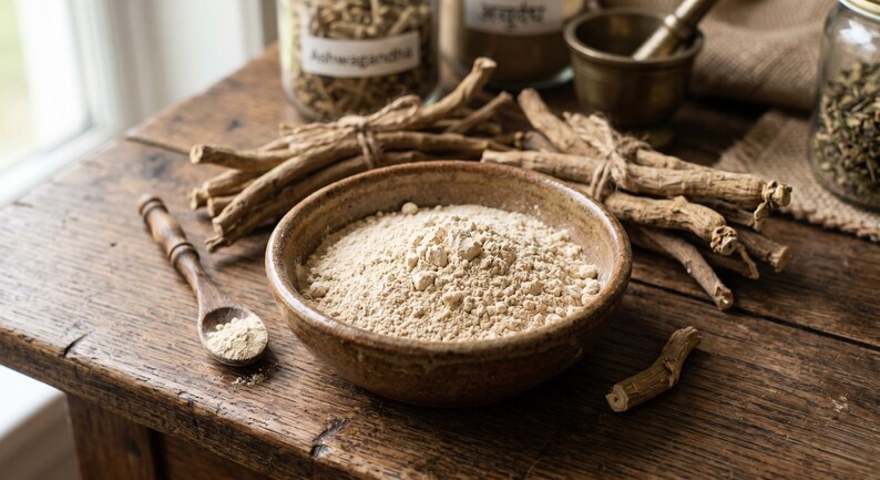 May include: A rustic wooden table displays a collection of natural health products. A bowl of light brown powder sits beside a wooden spoon, bundles of dried roots, and jars labeled "Ashwagandha" and other ingredients.