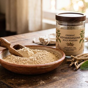 May include: A wooden bowl filled with ashwagandha root powder, a wooden scoop, and a glass jar labeled "Organic Ashwagandha Root Powder." The image also shows ashwagandha roots, leaves, and small bowls on a wooden table.
