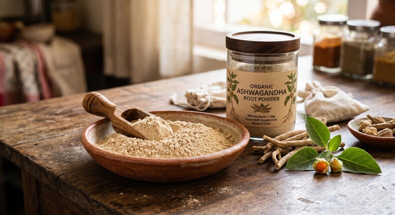 May include: A wooden bowl filled with ashwagandha root powder, a wooden scoop, and a glass jar labeled "Organic Ashwagandha Root Powder." The image also shows ashwagandha roots, leaves, and small bowls on a wooden table.