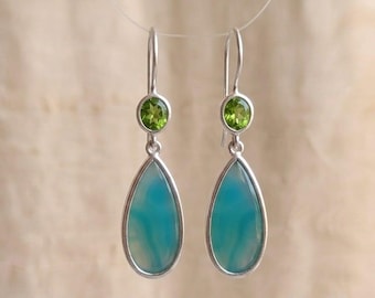 Peridot Blue Topaz Sterling Silver Dangle Earrings, Gemstone Jewelry