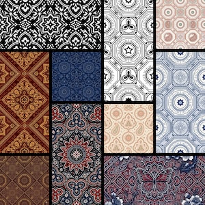 May include: A collage of ten distinct rectangular panels featuring various repeating patterns. Designs include black and white geometric motifs, blue and white floral tiles, deep red and gold paisley, and a dark panel with a central butterfly.