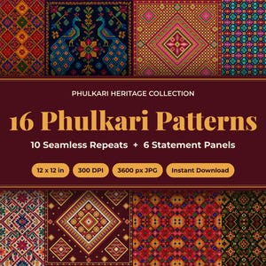 16 Phulkari sömlösa mönster | Digitalt papperspaket med punjabibroderi, påfågelpaneler, 12x12 300 DPI
