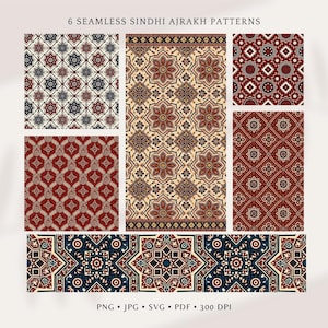 6 sömlösa Sindhi Ajrak-mönster | Pakistanskt traditionellt blocktryck digitalt papper (300 DPI)