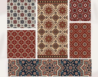 Op de afbeelding: Een collectie van 6 naadloze Sindhi Ajrakh-patronen met geometrische en florale motieven in rood, zwart, blauw en crème. De afbeelding toont diverse vierkante en rechthoekige tegels met complexe ontwerpen, gelabeld 6 SEAMLESS SINDHI AJRAKH PATTERNS.