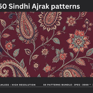 50 Sindhi Ajrakh sömlösa mönster, pakistanskt textil digitalt papper, tygdesign JPG, sydasiatiskt mönsterpaket