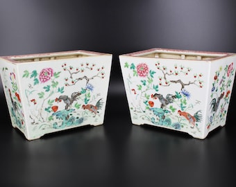 Antique Famille Rose Porcelain Jardiniere Pair, Qing Dynasty Rooster Planters