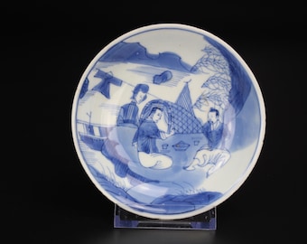 Kangxi Chinese Blue and White Porcelain Dish, Fishermen Scene, Linyu Tang Zhi Mark