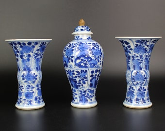 Kangxi Porcelain Garniture Set, Blue & White Vases, Qing Dynasty