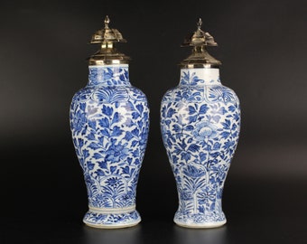 Chinese porcelain Kangxi blue and white vases 2x antique silver mounted baluster vase set blue & white Qing dynasty ceramic garniture
