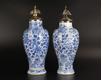 Chinese porcelain Kangxi blue and white vases 2x antique silver mounted baluster vase set blue & white Qing dynasty ceramic garniture