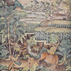 Puede incluir: Una pintura al agua que representa una escena rural en Indonesia. La pintura presenta un exuberante campo de arroz verde con palmeras, una pequeña cabaña y personas trabajando en el campo. El cielo es de un suave azul con nubes blancas. La pintura está realizada en un estilo tradicional indonesio.