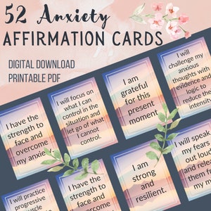 52 Tarjetas de afirmación de ansiedad imprimibles, Afirmación de ansiedad, Tarjetas de ansiedad, Descarga digital, Cubierta de afirmación