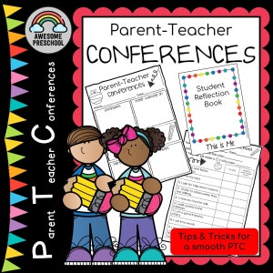 Puede incluir: Una ilustración colorida de dos niños que sostienen lápices, con el texto "Parent Teacher Conferences" en letras grandes. La imagen también incluye un libro de reflexión para estudiantes y consejos para una conferencia padre-maestro fluida.