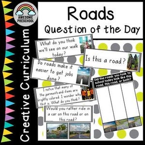 Puede incluir: Un conjunto de tarjetas coloridas con preguntas sobre carreteras para niños de preescolar. Las tarjetas muestran imágenes de carreteras, coches y personas. El texto en las tarjetas incluye preguntas como "¿Qué crees que veremos en nuestro paseo de hoy?" y "¿Las carreteras hacen que sea más fácil conseguir trabajo?"