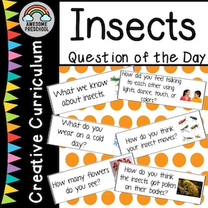 Op de afbeelding: Een set kleurrijke vraagkaarten met oranje stippen en afbeeldingen van insecten. De kaarten bevatten vragen over insecten, zoals "Wat weet je over insecten?" en "Hoe denk je dat je insect beweegt?"