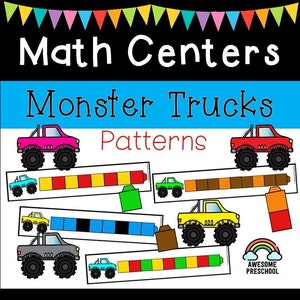 May include: A printable set of monster truck pattern cards for preschool math centers. The cards feature colorful monster trucks with different colored blocks to create patterns.