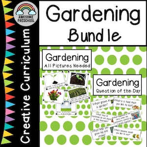 May include: A green and white printable resource for preschool teachers. The resource is titled "Gardening Bundle" and includes a set of cards with questions about gardening. The cards feature images of plants, flowers, and gardening tools.