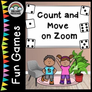 May include: A whiteboard with the text "Count and Move on Zoom" and several dice with different numbers of dots. Two cartoon children are standing in front of the board, one with a blue shirt and the other with a pink shirt. The text "Fun Games" is on the left side of the image.