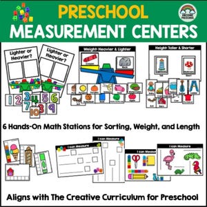 May include: A set of educational printables titled Preschool Measurement Centers, featuring 6 hands-on math stations for sorting, weight, and length. The materials include worksheets with balance scales, number cards, and illustrations of objects like animals, food, and tools.