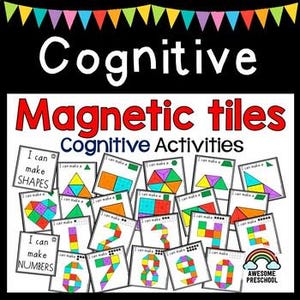 May include: A set of colorful magnetic tiles with activity cards for kids to learn shapes and numbers. The cards feature the text "I can make shapes" and "I can make numbers".