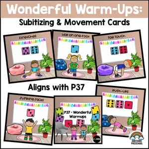 May include: A set of educational cards titled Wonderful Warm-Ups: Subitizing & Movement Cards. Each card features a cartoon character performing a physical exercise, dice showing numbers, and text labels like Stretches, Hop on one foot, and Toe Touch.